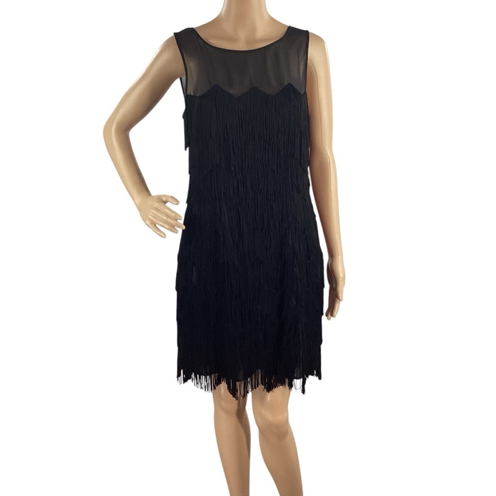 Aidan Mattox Black Fringe Trapeze Dress Sleeveless Size 10
